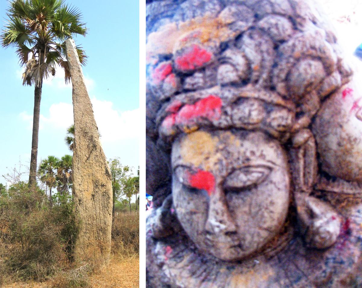 नलगोंडा और राइट में अप्पजी पेटा में एक 26-फुट मेन्हिर, छठी शताब्दी ईसा पूर्व से एक बौधा स्तूप जो इस समूह के सदस्यों द्वारा अनियंत्रित था।