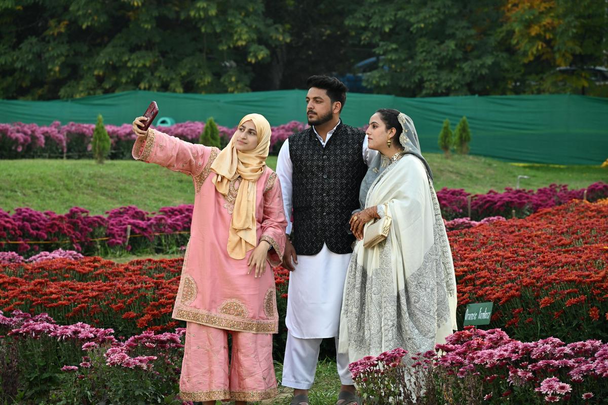 पर्यटक 23 अक्टूबर, 2025 को श्रीनगर में नए आगामी थीम पार्क ज़बरवान पहाड़ियों में गुलदाउदी शरद ऋतु के फूल का आनंद लेते हैं। 