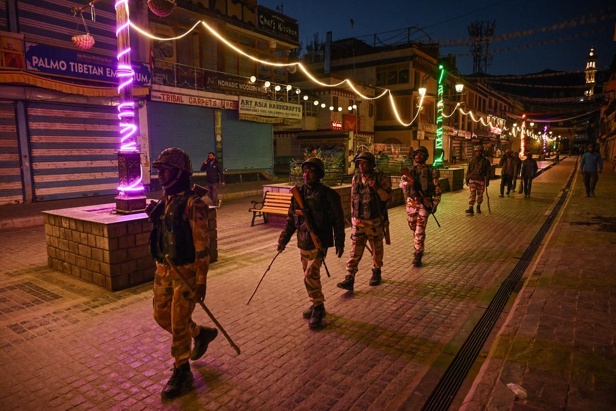 Security personnel patrolling Leh’s main market.