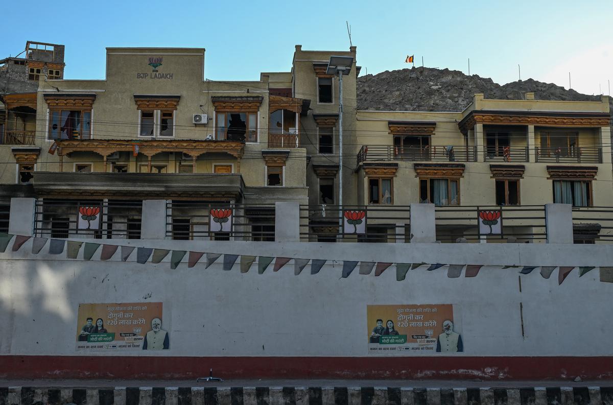 The damaged Bharatiya Janata Party office in Leh, Ladakh.