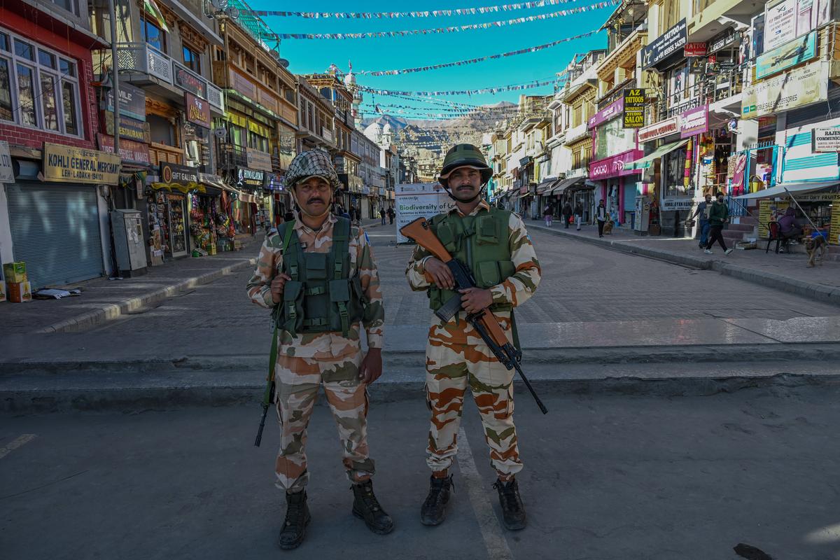 Security personnel keep vigil at Leh’s main market.
