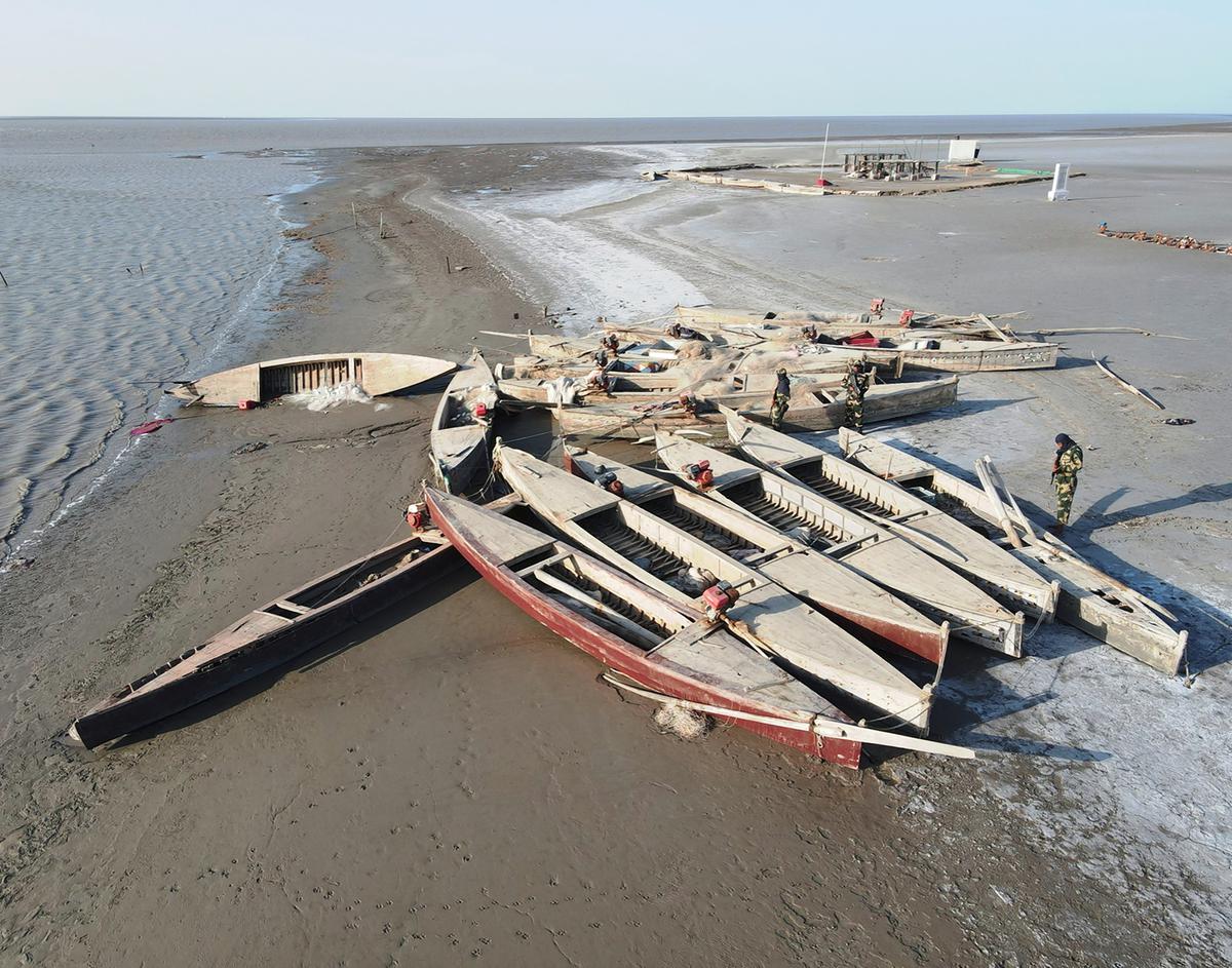 बीएसएफ जवान गुजरात में कोरी क्रीक इंडिया-पाकिस्तान अंतर्राष्ट्रीय सीमा पर 1170 हरामी नाडा में जब्त पाकिस्तानी नौकाओं के पास सतर्कता रखते हैं। फ़ाइल