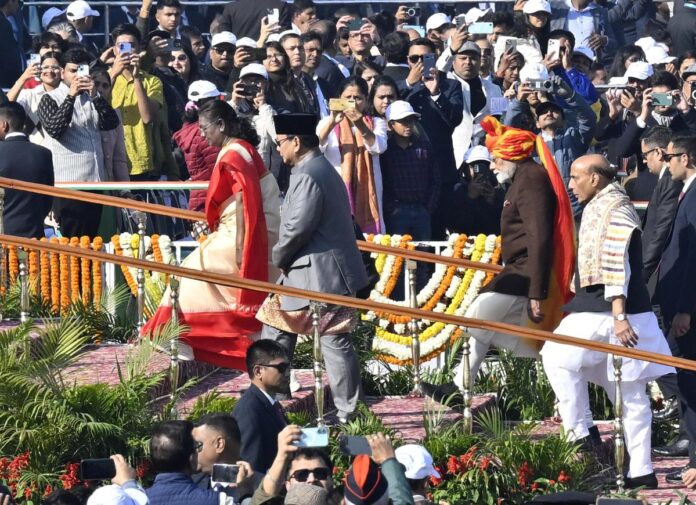 President Droupadi Murmu (left), Prabowo Subianto, Indonesia's President, Prime Minister Narendra Modi and Union Defence Minister Rajnath Singh, arrive for the 76th Republic Day parade celebration at Kartavya Path in New Delhi on January 26, 2025.