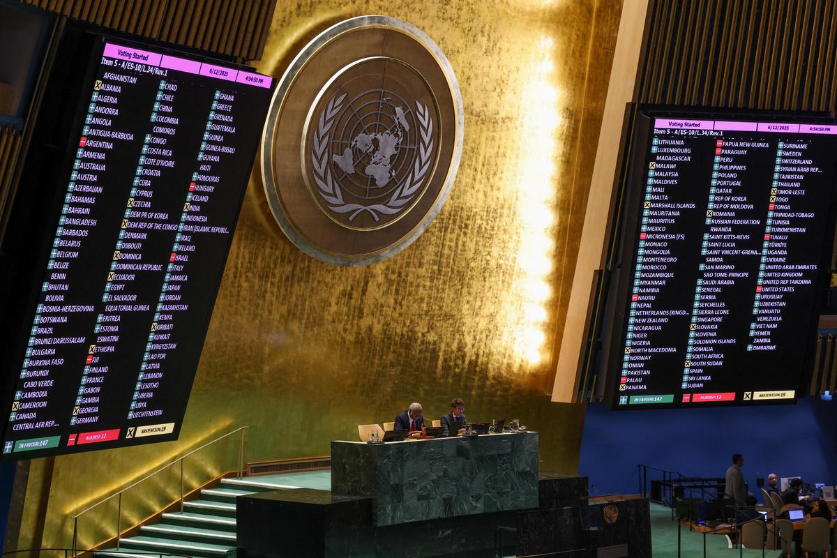The votes of the United Nations General Assembly on a draft resolution demanding a ceasefire in the Gaza Strip, amid the ongoing conflict between Israel and Hamas, are displayed on screens during an emergency session at the U.N. headquarters in New York City, U.S., on June 12, 2025.