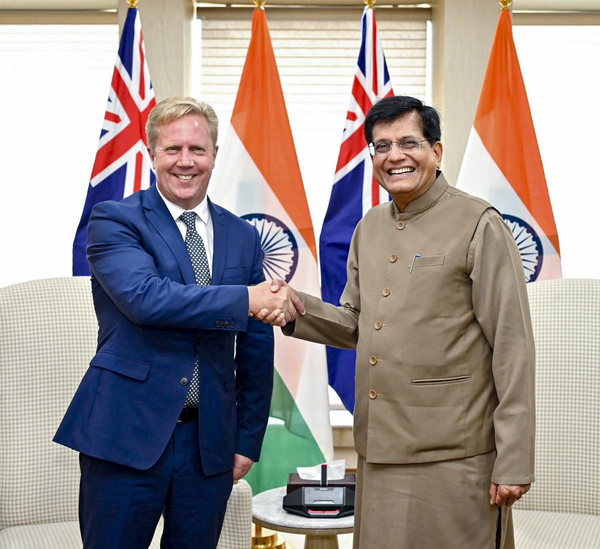 In this image posted on December 22, 2025, Union Minister Piyush Goyal with New Zealand Minister Todd McClay during a meeting, in New Delhi. In this image posted on December 22, 2025, Union Minister Piyush Goyal with New Zealand Minister Todd McClay during a meeting, in New Delhi.
