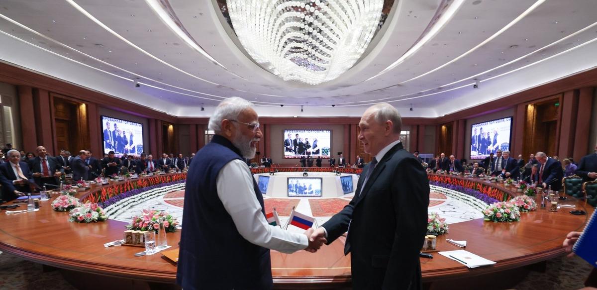 Mr. Modi and Mr. Putin, during the India-Russia Business Forum, at Bharat Mandapam in New Delhi on December 5, 2025. Picture: X/@narendramodi Mr. Modi and Mr. Putin, during the India-Russia Business Forum, at Bharat Mandapam in New Delhi on December 5, 2025. Picture: X/@narendramodi