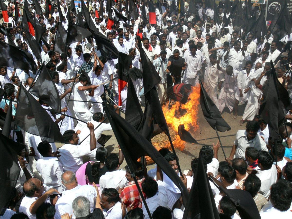 राम विलास वेदांती का पुतला जलाते डीएमके कार्यकर्ता। फ़ाइल