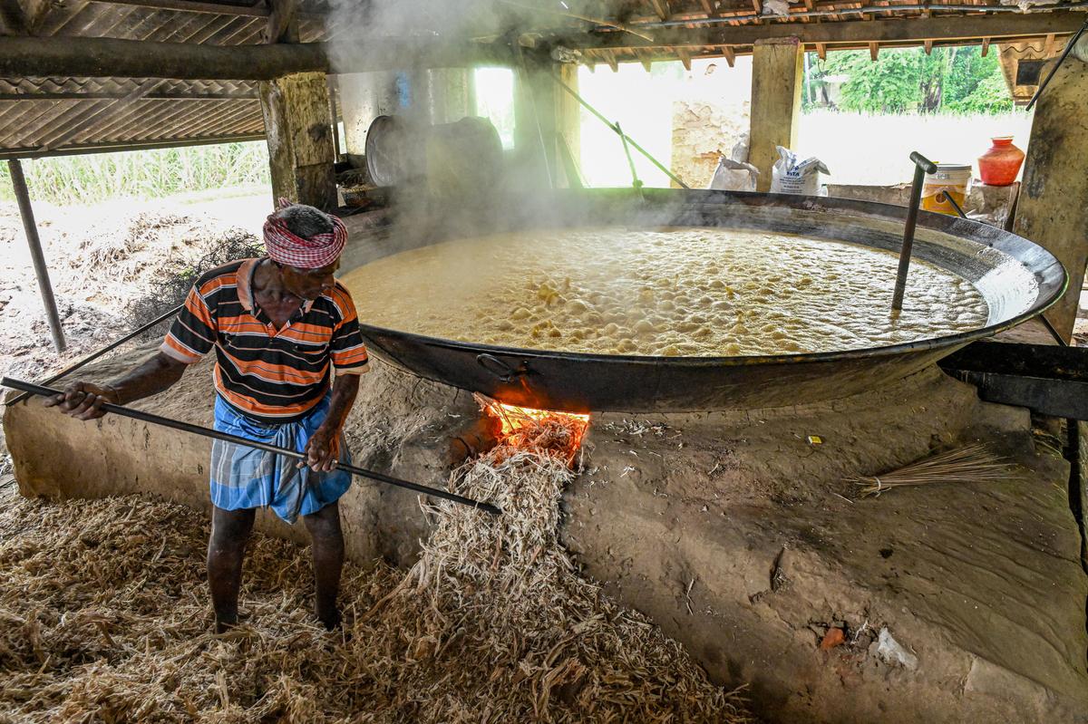 एक मास्टर रसोइया और उसके सहायक गन्ने के रस को लगातार दो घंटे तक हिलाते हैं जब तक कि यह गाढ़ा न हो जाए।