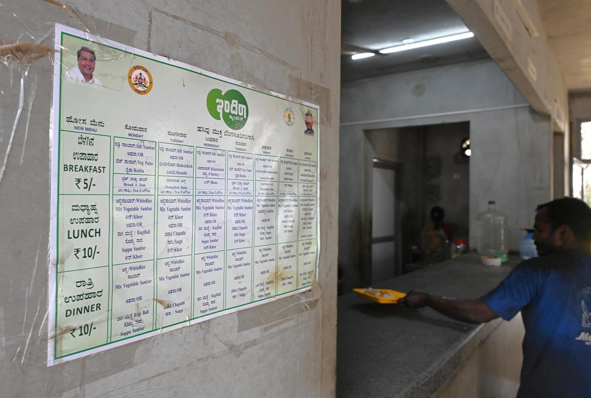 A man collects a meal at the Indira Canteen near Tannery Road, in Bengaluru on February 10, 2026. 
