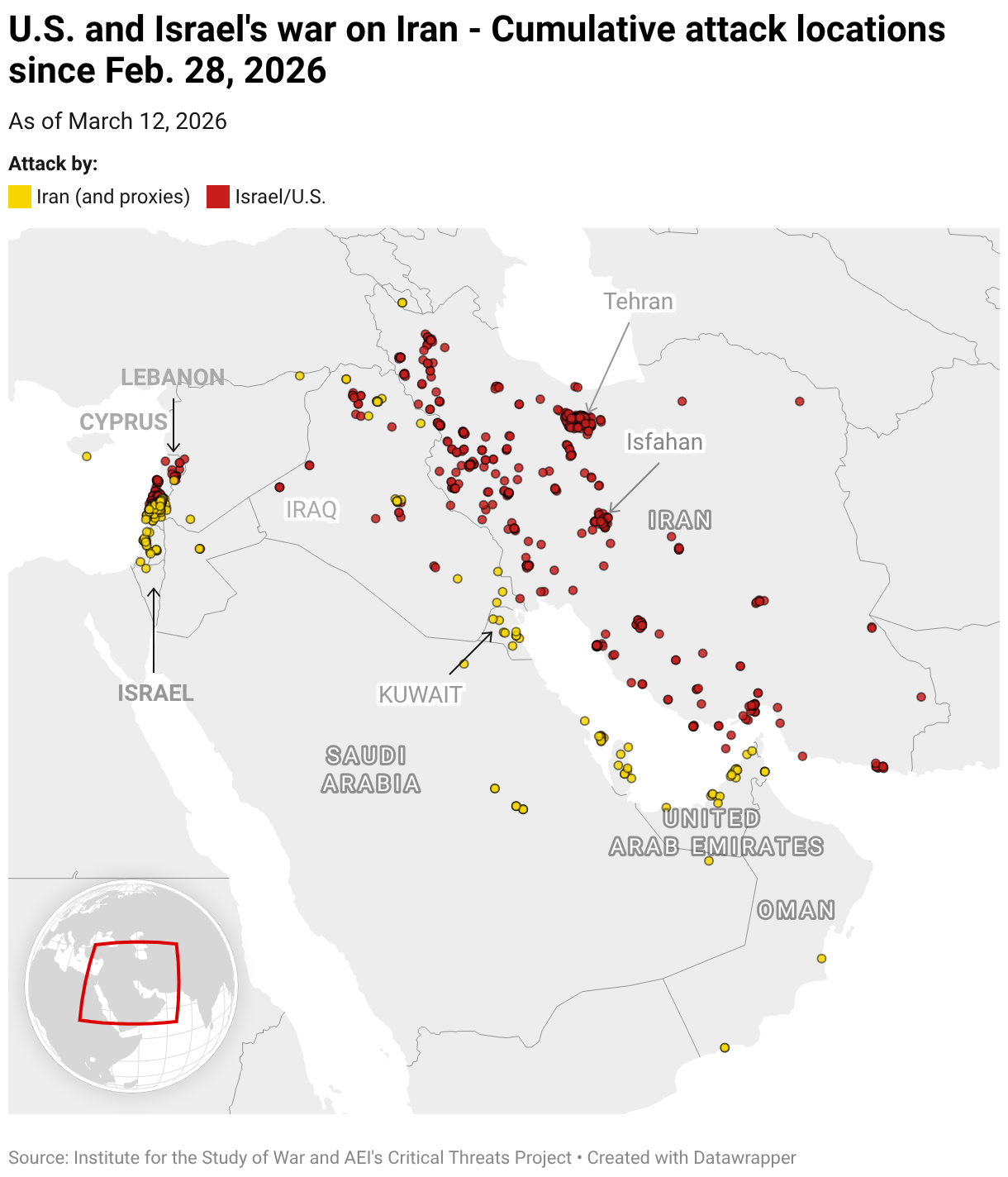 ईरान पर अमेरिका और इज़राइल का युद्ध - 28 फरवरी, 2026 से संचयी हमले के स्थान (प्रतीकात्मक मानचित्र)